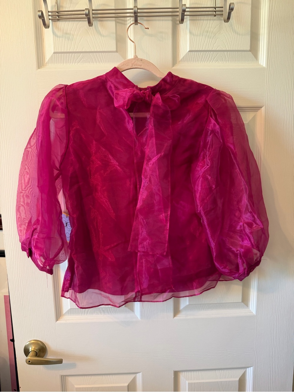 CeCe Fuchsia Sheer Organza Tie-Neck Blouse